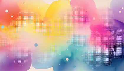 Obraz premium Colorful watercolor background with halftone dots and circles. Pastel colors. Hand drawn art.