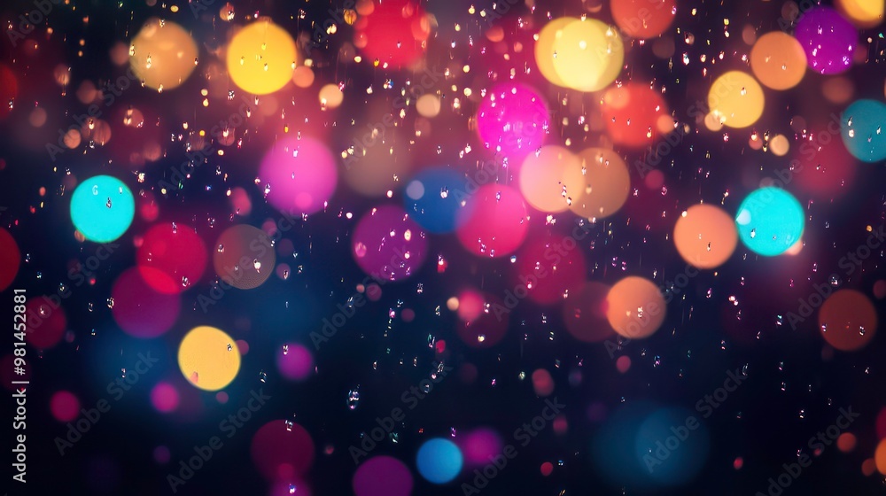 Poster abstract background of colorful bokeh lights and rain drops.