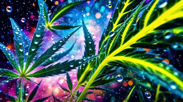a cosmic weed plant with dewdrops, cannabis, ultra detailed microscopic level image of a black colourful cosmic structure, entropy, space dust, cannabis plant 