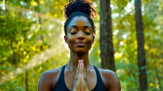 Young African American woman in her 20s meditates in a serene forest during morning hours. Sunlight filters through trees, creating a peaceful atmosphere. She wears a black sports top and has an afro