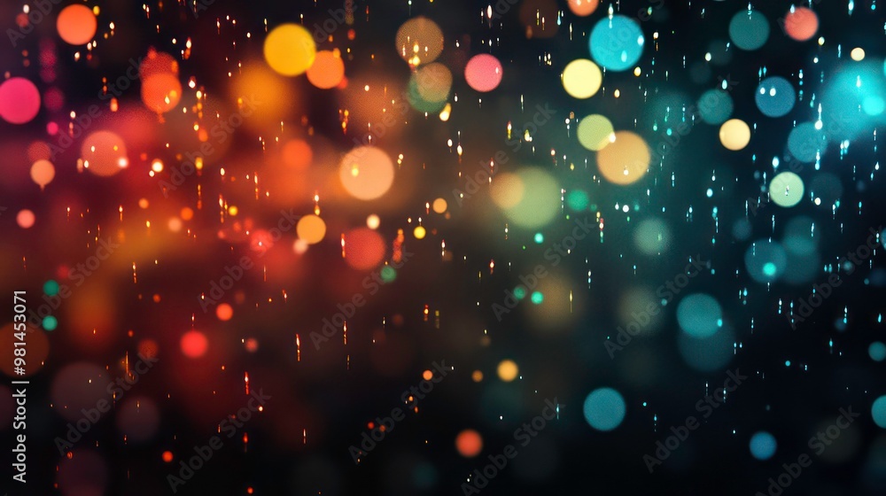Poster abstract background with colorful bokeh and falling lights on a black background.