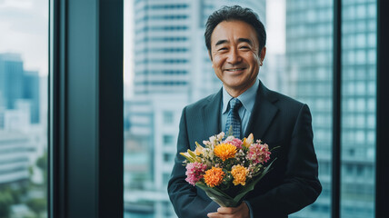 オフィスで花束を受け取るビジネスマンの笑顔