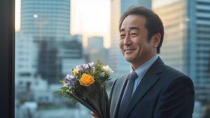 オフィスで花束を受け取るビジネスマンの笑顔