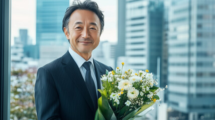 オフィスで花束を受け取るビジネスマンの笑顔