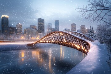 Fototapeta premium Illuminated Bridge Over Frozen River in a Snowy Cityscape