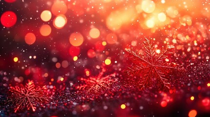 Red christmas background with falling snowflakes and bokeh effect