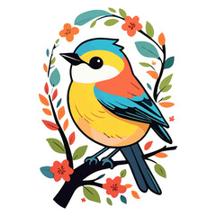 Cute little bird on the branch with bright flowers, cartoon character on white