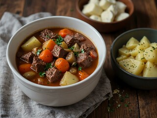 Hearty beef and potato stew with vegetables and rich broth for a comforting meal
