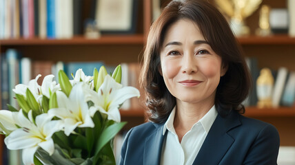 個別オフィスで花束を受け取る経験豊富なビジネスウーマン