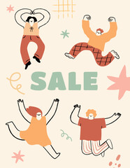 Abstract, quirky sale banner with happy characters. The illustration emphasizes discounts, deals, and savings in a fun way.