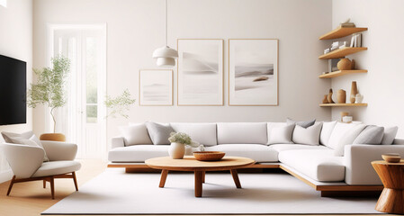 Contemporary Living Room with White Sectional Sofa, Wood Coffee Table, and Artistic Wall Decor