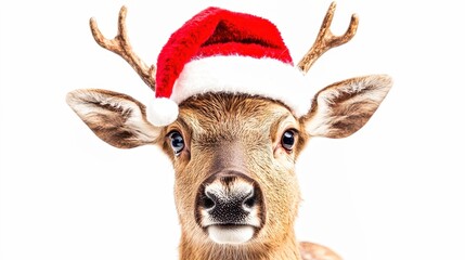 Reindeer wearing santa hat looking at camera