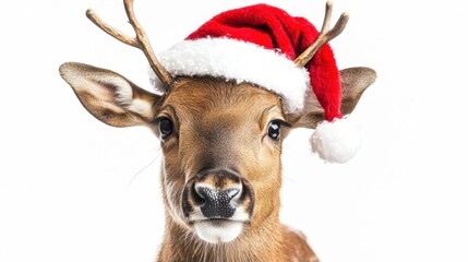 Reindeer wearing santa hat looking at camera