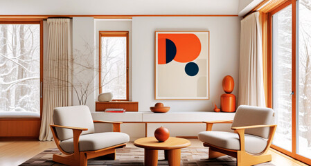 Minimalist Living Room with Wooden Armchairs and Geometric Art in a Cozy, Modern Design