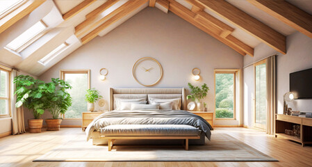 Minimalist Bedroom with Skylights, Wooden Beams, and Cozy Modern Design for a Relaxing Ambiance