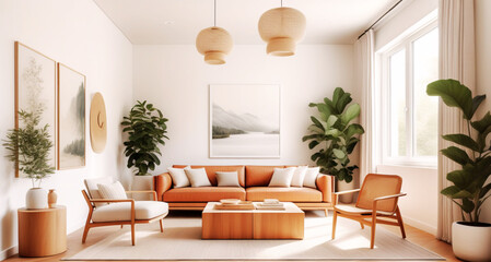 Modern living room with leather sofa, natural wood furniture, and indoor plants