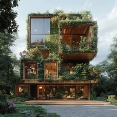 Modern wooden house with large windows and green plants growing on the walls.