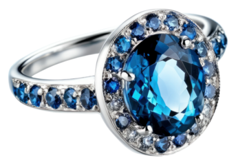 Elegant jewelry ring with sapphire and blue. Transparent background, Isolated PNG.