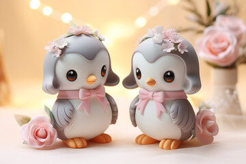 Obraz premium Cute Penguin Couple Figurines with Bows, Pink Flowers, Romantic Gift, Soft Colors