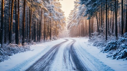 Obraz premium Snowy road winding through a tranquil winter forest at sunset