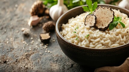 Creamy truffle risotto topped with herbs and truffle slices exudes gourmet elegance