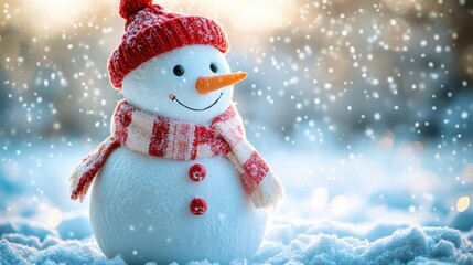 Fototapeta premium Smiling snowman holding blank white card over green background