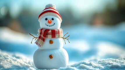 Obraz premium Smiling snowman holding blank white card over green background