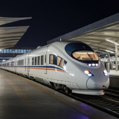 Fototapeta premium Contemporary high-speed monorail train with illuminating headlights passing through a station on an elevated track as it traverses a tunnel at a road junction.