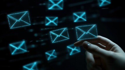 A hand holding a glowing digital email icon, with other icons floating in the background.