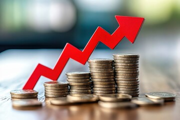 Stack of gold coins getting taller showing increasing profit with upward trend arrow