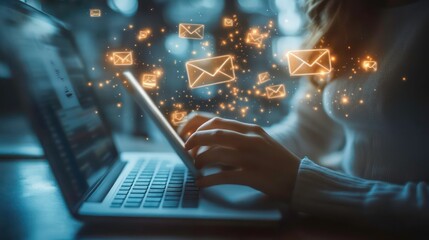 Woman using a laptop with glowing email icons floating around her.