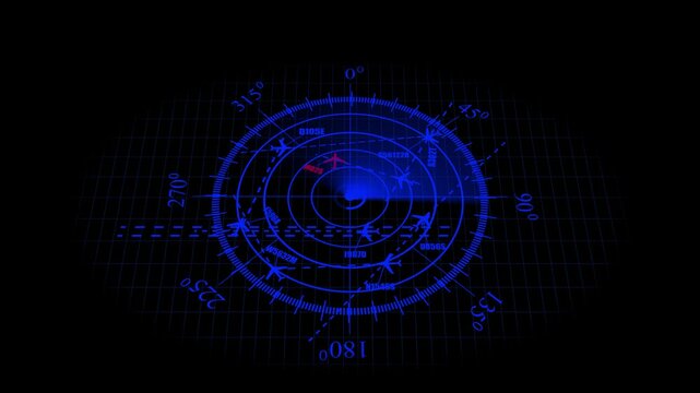 Aircraft signal and guidance radar. Radar animation with blue  grid background bright blue color for flight control.3D Video