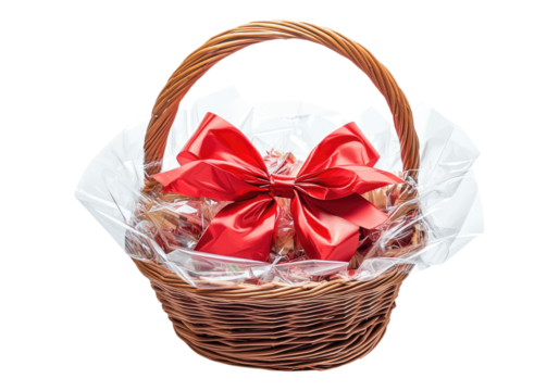 Gift basket packed in transparent paper. Transparent background, Isolated PNG.