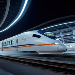Fototapeta premium Contemporary high-speed monorail train with illuminating headlights passing through a station on an elevated track as it traverses a tunnel at a road junction.