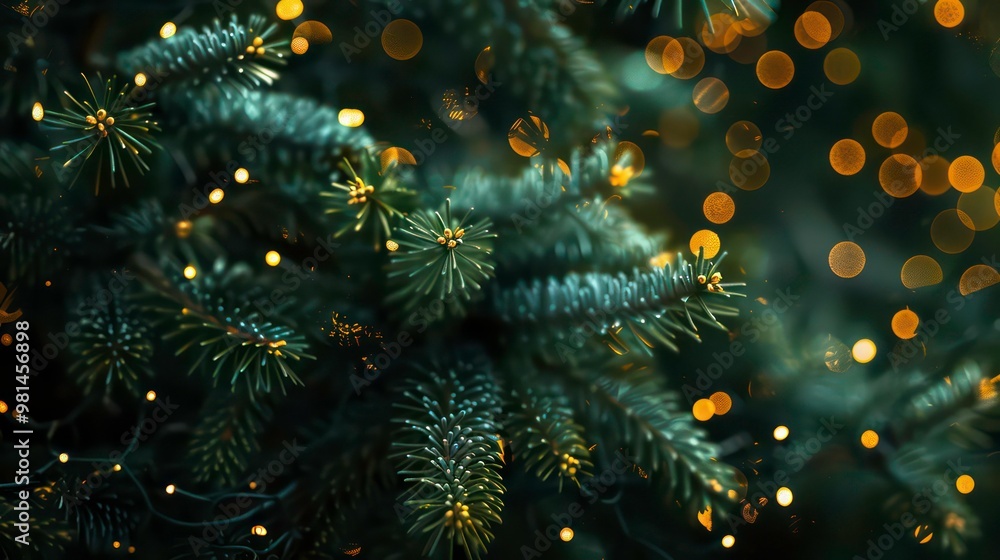 Poster close up of pine tree branches with bokeh lights.
