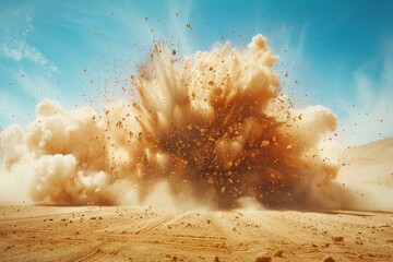 Explosion of sand in the desert with spraying of fine particles