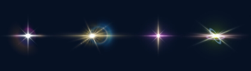 Bright colorful light effects set. Futuristic glow effect for game interface design. Energy universe aura, bright glow, disco glare, space explosion, illuminated stage.	
