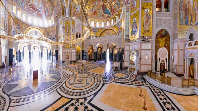 Belgrade, Serbia Sept 1, 2024: top view inside the Orthodox Church, The Temple of Saint Sava in Belgrade capital of Serbia. Showing intricate frescoes, ornate iconostasis, and elegant marble floor.