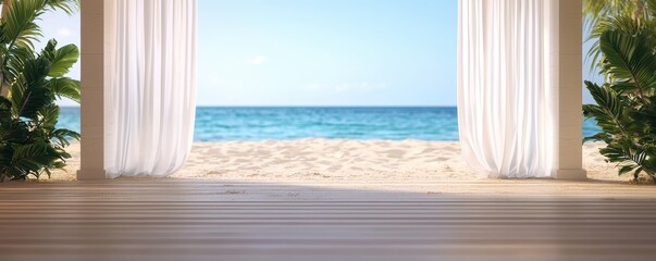Serene beach view framed by curtains, inviting relaxation and tranquility. Perfect for vacations or peaceful escapes.