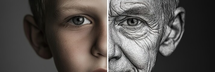 Obraz premium A split-screen portrait of an elderly man and young boy, showing the contrast between youthfulness in black & white.