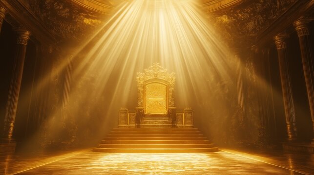 a golden throne under gold light ray of glory, heavenly vibes