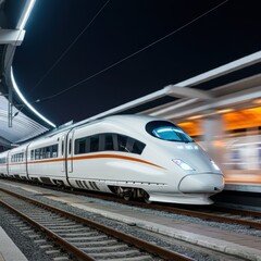 Naklejka premium Contemporary high-speed monorail train with illuminating headlights passing through a station on an elevated track as it traverses a tunnel at a road junction.