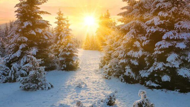 Drone footage of the forest in winter time at sunset, landscape snow covered trees nature - beautiful Europe aerial pine forest mountain, season travel white frozen nature idyllic