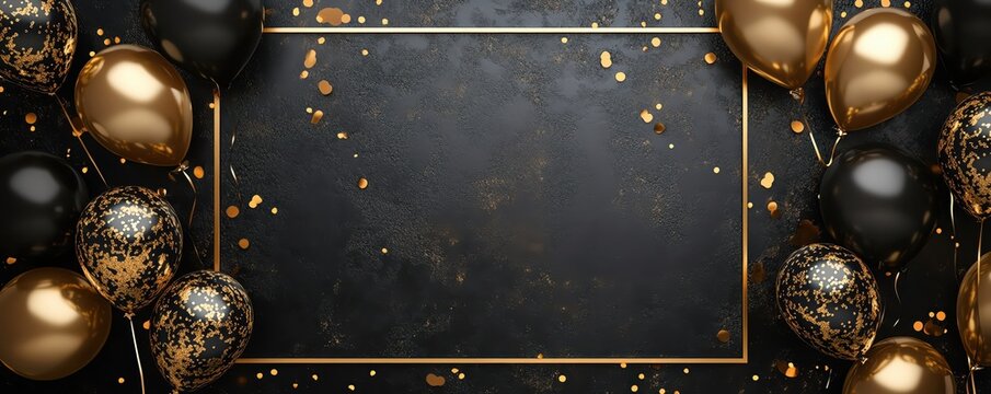 Black background with gold and black balloons and confetti for party invitation.