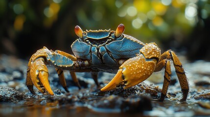 Fototapeta premium Hyper-Realistic, Highly Detailed Full-Body Crab Walking in a Mangrove Forest Captured with a Wide-Angle Lens, Nature Photography