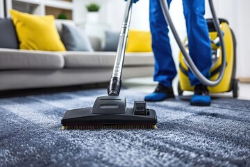 A man in a yellow shirt is cleaning a kitchen with a vacuum, generative ai image