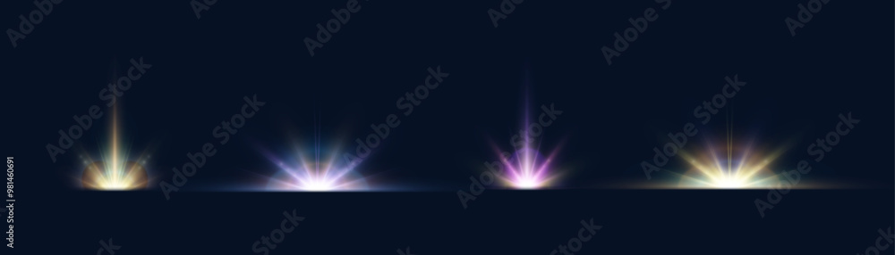 Poster Bright colorful vertical glare light effect flash on dark background with rays and glare. Futuristic glow effect for game interface design.