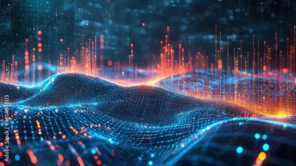 Poster these dynamic digital waves elegantly depict intricate communication data visualizations in a vibran