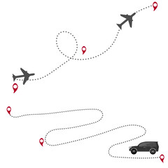 a car and an airplane and routes with dots