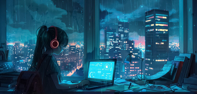 illustration of lonely solitude girl studying and coding with laptop by window with night city view, young woman learning programming with computer and listening music in headphones